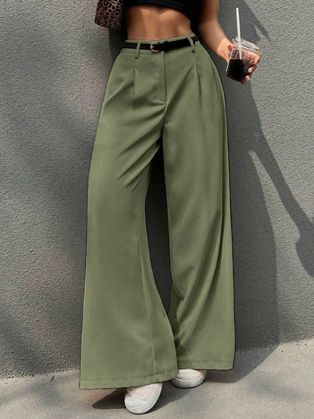 Green Casual Women's Zip Front Wide Leg Pants - Picture 6 of 6
